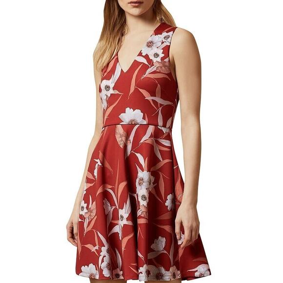 Ted Baker Enyaa Floral Skater Dress Fit Flare Sleeveless V Neck Red Zip … - Picture 1 of 10